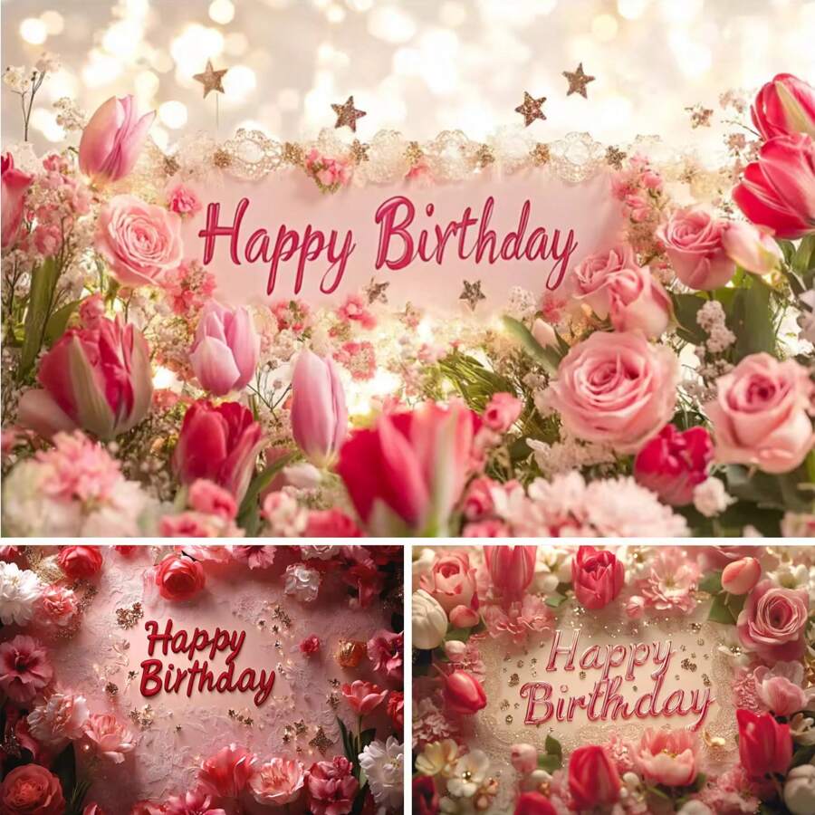 Happy Birthday Pink Background Pink Floral Glitter Dots Design ...