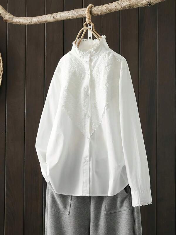 Women's Casual Solid Color Stand Collar Shirt, Autumn