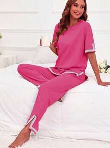 Conjunto de suéter de Punto de 2 Piezas para Mujer,Conjunto de camiseta y pantalón de manga larga con dobladillo acanalado para mujer, Suéter de Punto de Mangas Cortas, sin Botones,Cintura elástica, pantalones de descanso - Rosa Fucsia - Ver 4