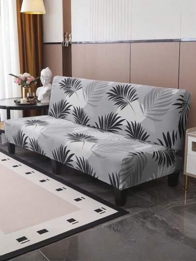 1pc Leaf Print Armless Sofa/Bed Cover, Stretchy Polyester Knitted Couch Slipcover, 4-Season Use