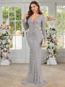 长袖 V 领美人鱼下摆亮片礼服、派对礼服、婚礼宾客礼服、晚礼服、长袍 - 灰色 - 查看 4