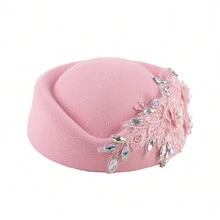 Women Vintage Church Hats Crystal Flower Applique Felt Pillbox Hats Fascinator Tea Party Hats