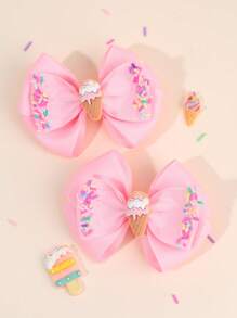 2pcs Toddlers Girls Hair Bow Clips ,Cute Ice-Cream Accessories ,Colorful Needles Decor Hair Pins ,Satin Ribbon Hair Clips ,Kids Teens Hair Accessories ,Gifts For Girls ,Suitable Daily Life