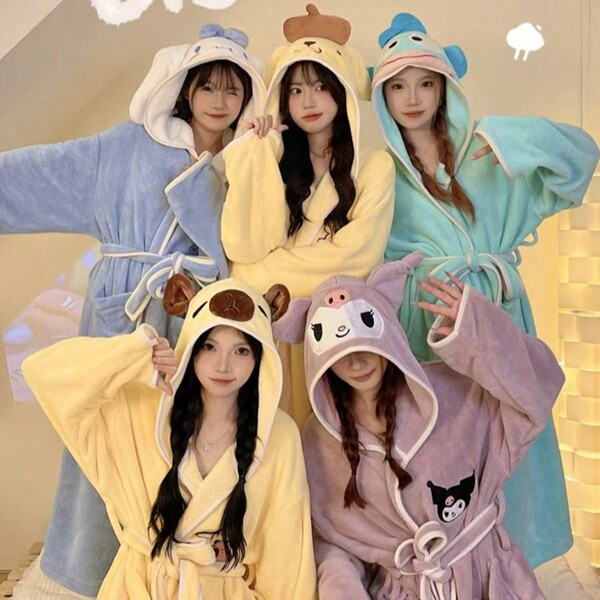Sanrio 1pc Sanrio Cartoon Capuz Camisola Japonesa Coral Veludo Absorvente de Água Secagem Rápida Roupão Outono E Inverno Feminino Quente Veludo Toalha de Banho Kimono Yukata
