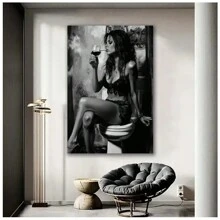 1 件别致的黑白女人在厕所吸烟帆布艺术印刷品 - 现代简约墙壁装饰，无框海报，适合卧室、客厅或浴室 - 完美的礼物创意