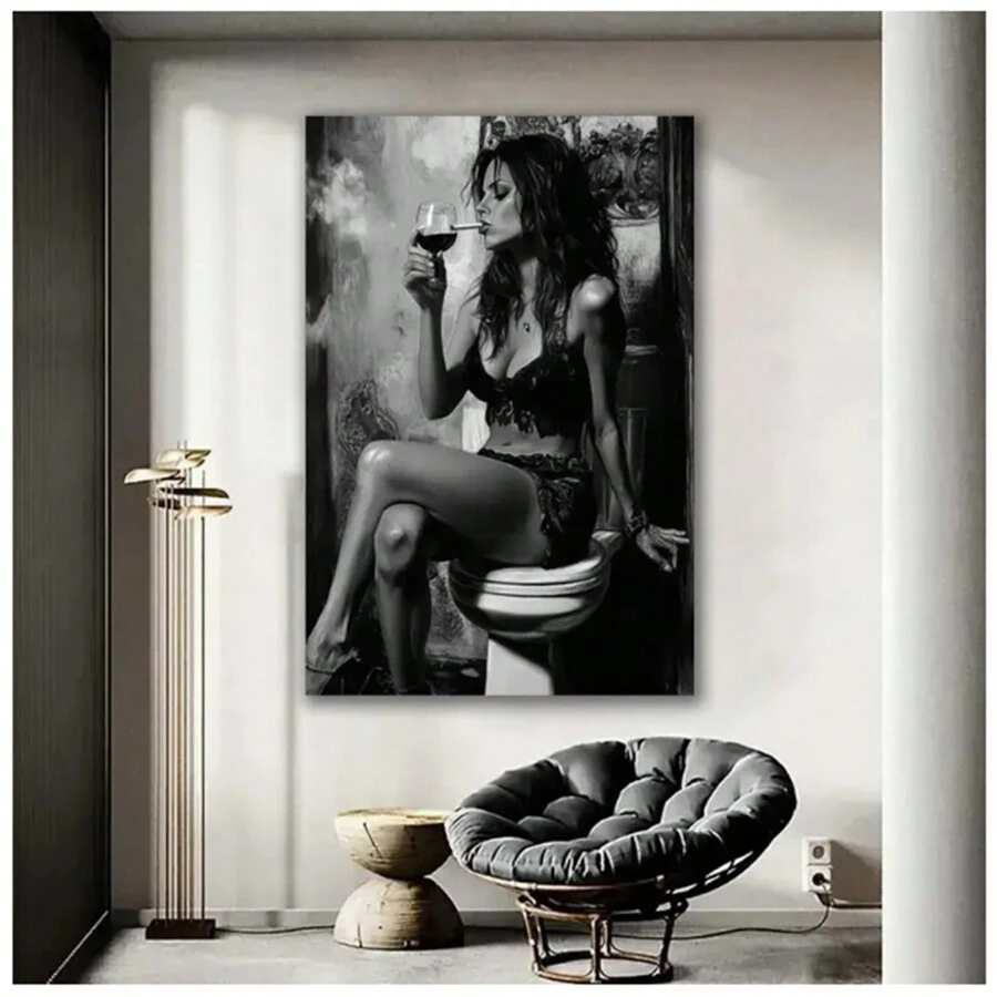 1 件别致的黑白女人在厕所吸烟帆布艺术印刷品 - 现代简约墙壁装饰，无框海报，适合卧室、客厅或浴室 - 完美的礼物创意