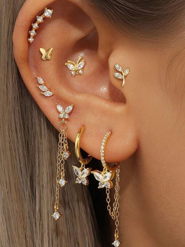 8PCS Exquisite Fashion Cubic Zirconia Butterfly Fringe Pendant Earrings For Women, Suitable For Women Party, Daily Wear