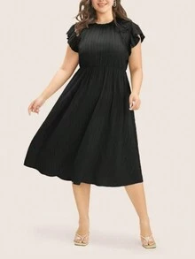 Vestido de cuello redondo con mangas abullonadas de longitud media para mujer de talla grande - Negro - Ver 1