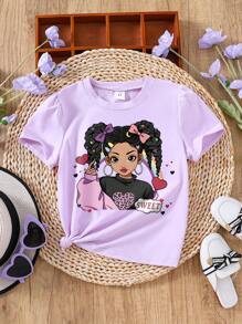 Toddler Cartoon Print Short Sleeve Basic Top, Casual Daily Wear