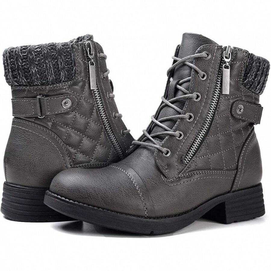 Women's Combat Boots Lace Up Ankle Booties - グレー - チェックする 1