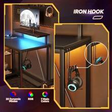 L Shaped Desk With Power Outlets LED Lights Compact Corner Desk Shelves Reversible Computer Desk Hooks For Home Office Bedroom Small Space 106.5CM - CarbonFiber-106.5CM - View 7