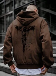 Men's Casual Loose Fit Jesus Cross And Letter Print Drawstring Hoodie Sweatshirt, Spring/Autumn, Long Sleeve Top - Brown - View 2