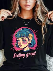 Women's Plus Size T-Shirt Feeling Great Girl Retro Print Fashion Long Sleeve Round-Neck Loose Fit Tee Casual Streetwear - Black - View 1