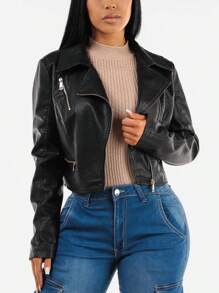 Long Sleeve Vegan Leather Crop Moto Jacket Black - Multicolor - View 3