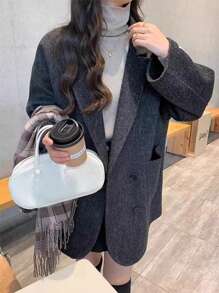 经典双排扣全羊毛大衣——秋冬女士通勤休闲风格 - 黑色 - 查看 1