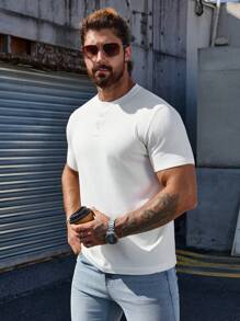 Men's Solid Color Polo Button Knitted Short Sleeve Top, Casual Henley Collar Shirt