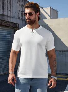 Men's Solid Color Polo Button Knitted Short Sleeve Top, Casual Henley Collar Shirt