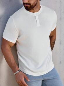 Men's Solid Color Polo Button Knitted Short Sleeve Top, Casual Henley Collar Shirt