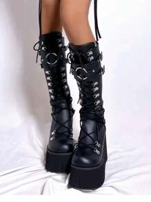 Women Gothic Punk Knee High Boots Wedges High Heel Platform Halloween Motorcycle Shoes Luxury Long Booties - 黑色 - 查看 1