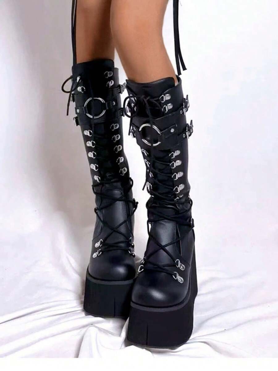 Women Gothic Punk Knee High Boots Wedges High Heel Platform Halloween Motorcycle Shoes Luxury Long Booties - 黑色 - 查看 1