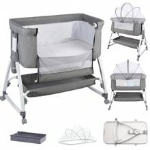 Grey Foldable Cododo Baby Cradle, Expandable Baby Bed, Bedside Table 80x40cm, 6-Way Height Adjustable And Mobile On Wheels, Lower Storage Basket, A-Shaped Feet, Mosquito Net, Side Zipper Can Be Completely Lowered, 360-Degree Rotating Wheels - 灰色 - 查看 1
