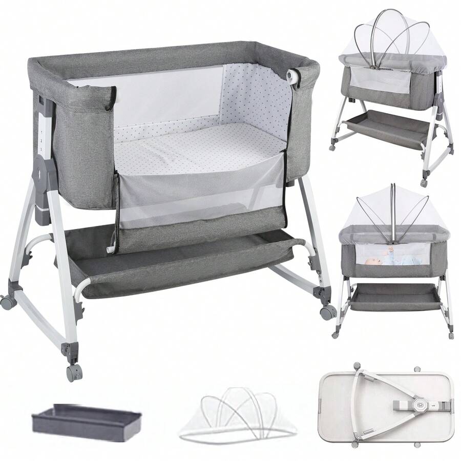 Grey Foldable Cododo Baby Cradle, Expandable Baby Bed, Bedside Table 80x40cm, 6-Way Height Adjustable And Mobile On Wheels, Lower Storage Basket, A-Shaped Feet, Mosquito Net, Side Zipper Can Be Completely Lowered, 360-Degree Rotating Wheels - 灰色 - 查看 1