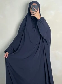 1 件女式头巾长袖宽松祈祷长袍带围巾，适合长袍、节日 - 藏蓝色 - 查看 3