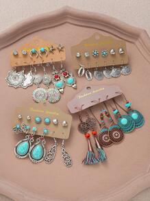 24 pièces/6 pièces Set de boucles d'oreilles résine à pompons bohèmes vintage, boucles d'oreilles à tige et pendantes en forme de cœur, lune, fleur. Convient pour les voyages, les tenues casual quotidiennes