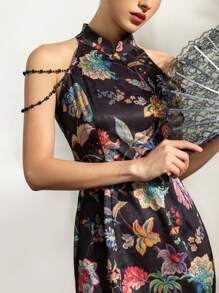 无袖床边开叉大腿提花花卉图案新中式旗袍连衣裙