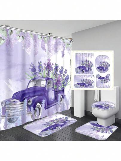 1 件/4 件花车浴室装饰套装：防水浴帘（带 12 个挂钩）、防滑浴垫、U 型马桶垫、圆形马桶盖，适用于浴室用途浴室配件返校