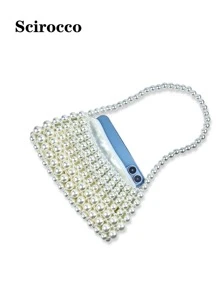 Bolso de mano grande con detalles de perlas y asas, bolso de hombro o de sobaco - Beis - Ver 10