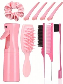 10件套硅胶头皮按摩刷套装，长柄设计，包含1个200毫升高压连续喷雾瓶、3把造型梳（用于提升发根和修眉）、1个发圈造型器、4个刘海夹 - 适用于沙龙、理发店、居家及旅行使用，适合所有发质，美发造型工具及发饰 - 新長柄梳10件套 - 查看 16
