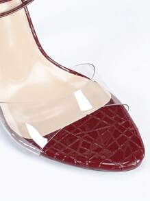 女士凌乱石纹透明玻璃带踝带圆头高跟凉鞋，优雅奢华时尚派对晚会红色高跟鞋