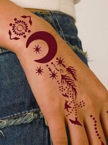 2 fogli di stencil all'henné, con disegni di luna, stelle e motivi a pois, stencil per tatuaggi temporanei per mani e piedi, modelli di mehndi con motivi traforati per il body painting delle donne, adatti per matrimoni e festival - Multicolore - Visualizzare 3