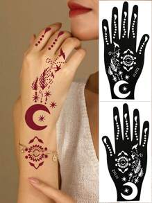 2 fogli di stencil all'henné, con disegni di luna, stelle e motivi a pois, stencil per tatuaggi temporanei per mani e piedi, modelli di mehndi con motivi traforati per il body painting delle donne, adatti per matrimoni e festival - Multicolore - Visualizzare 2