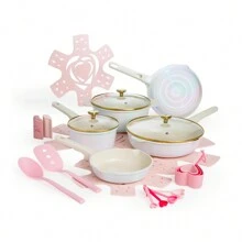 24 Piece Clean Ceramic Cookware Set, White Rainbow Iridescent - Pink - View 2