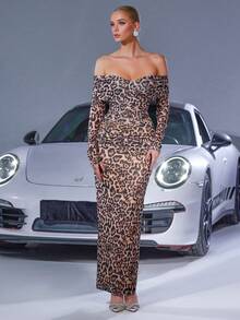 Sexy Leopard Print Off-Shoulder Ruched Fitted Long Sleeve Party Dress, Wedding Guest Dress, Formal Dress, Evening Dress - Multicolor - View 4