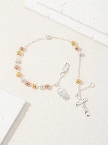 1 pieza Pulsera con colgante de la Virgen María y cruz católica chapada en estilo clásico de dos tonos, hecha a mano pura de plata 925 con caja de regalo de lujo, adecuada para madres/San Valentín, parejas, hermanas, amigos, creyentes para uso diario/festival y oración