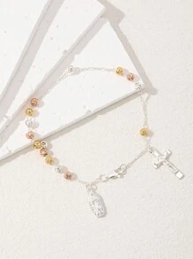 1 pieza Pulsera con colgante de la Virgen María y cruz católica chapada en estilo clásico de dos tonos, hecha a mano pura de plata 925 con caja de regalo de lujo, adecuada para madres/San Valentín, parejas, hermanas, amigos, creyentes para uso diario/festival y oración