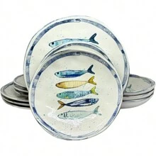 LA MEDITERRANEA - Set de 12 vajilla de porcelana Peixe para 4 personas, 4 platos llanos 26cm, 4 platos hondos 20cm y 4 platos postre 20cm - Peixe - Ver 1