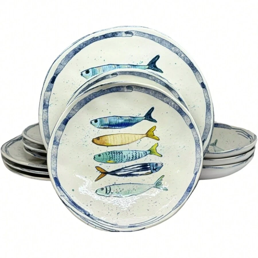 LA MEDITERRANEA - Set de 12 vajilla de porcelana Peixe para 4 personas, 4 platos llanos 26cm, 4 platos hondos 20cm y 4 platos postre 20cm - Peixe - Ver 1