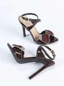 Women's Round Toe Rhinestone Butterfly Crisscross Strap Brown High Heel Sandals, Sexy & Fashionable For Party And Wedding