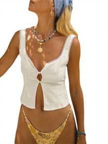 Women Summer Sexy Going Out Top Crop Tank Tops Lace Trim Button Sleeveless Slim Crop T-Shirt Streetwear - White - View 2
