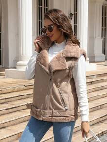 Giolshon Damen Ärmellose Weste, modische lässige Reißverschlussjacke - minimalistische Herbst Kunstlederjacke - Kamelfarben - Übersicht 6