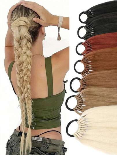 Rabo de cavalo sintético trança estendida com tira de borracha resistente ao calor acessório de cabelo preto para uso diário feminino extensões de rabo de cavalo sintético de 24 polegadas preto natural trançado rabo de cavalo aplique longo cabelo reto elástico para mulheres extensões de rabo de cavalo sintético elástico cabelo rabo de cavalo aplique 24 polegadas preto loiro marrom penteado para mulheres
