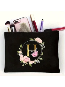 Golden Letter Floral Makeup Tote Bag - Black Polyester Zipper Bag, First Letters A-Z For Teacher Appreciation And Bridesmaid Gifts, Large Reusable Travel Storage Box, Women's Simple Large Capacity Travel Makeup Bag - Black - View 30