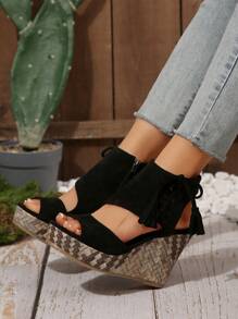 Sandali da donna con zeppa e plateau, con punta aperta, tacchi alti versatili, scarpe casual estive da romana con cerniera laterale