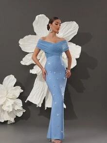 Handmade Beaded Off-Shoulder Bodycon Bandage Dress, Sexy & Fitted, Suitable For Family Gatherings, Parties, Formal Events - Biru - View 3