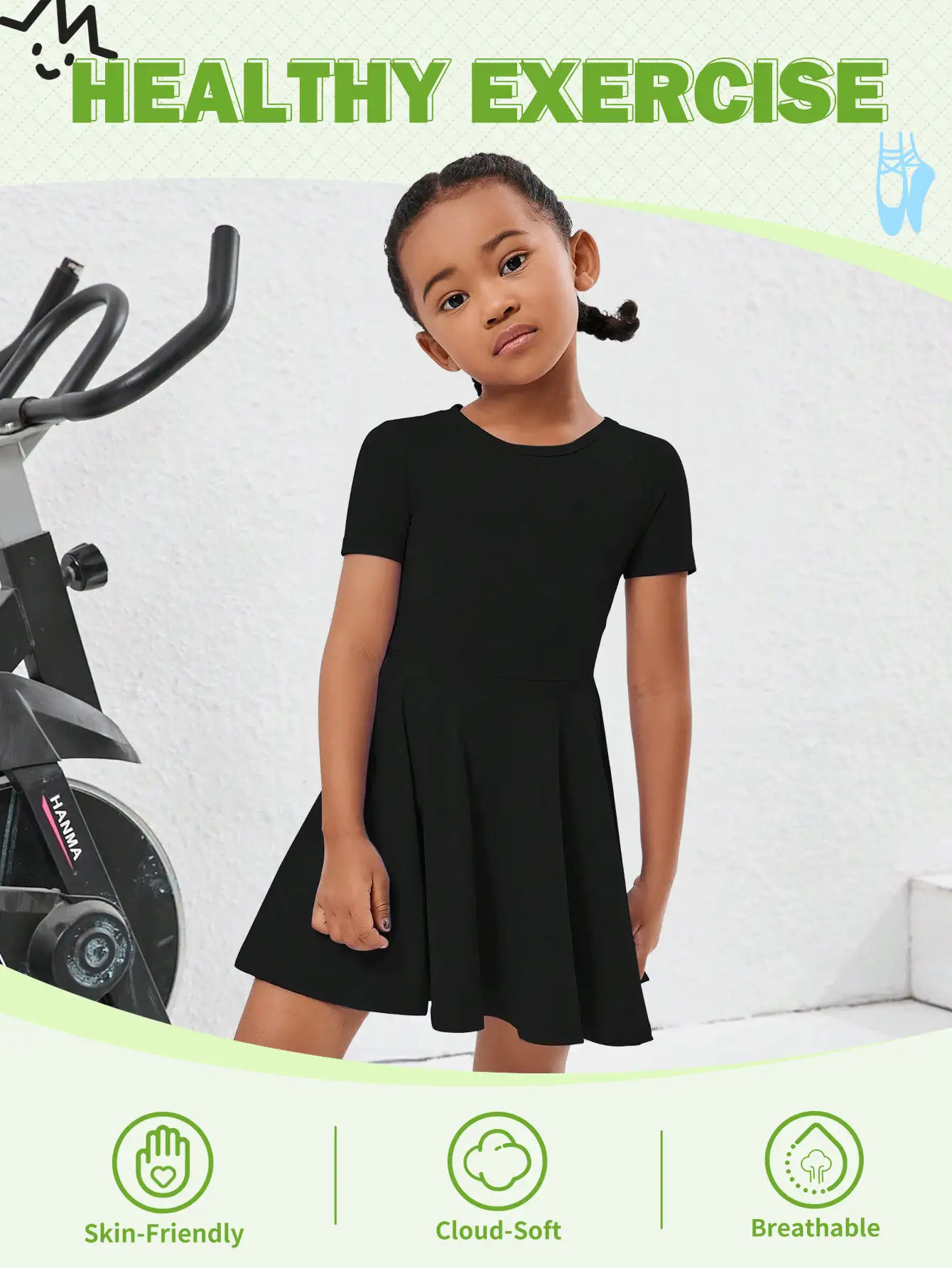 1 件女童透气镂空背部设计健身连衣裙，黑色针织吸湿排汗运动服，适合瑜伽、体操、网球