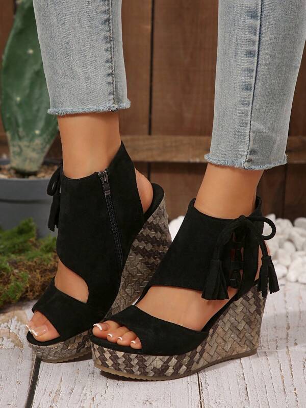 Sandali da donna con zeppa e plateau, con punta aperta, tacchi alti versatili, scarpe casual estive da romana con cerniera laterale